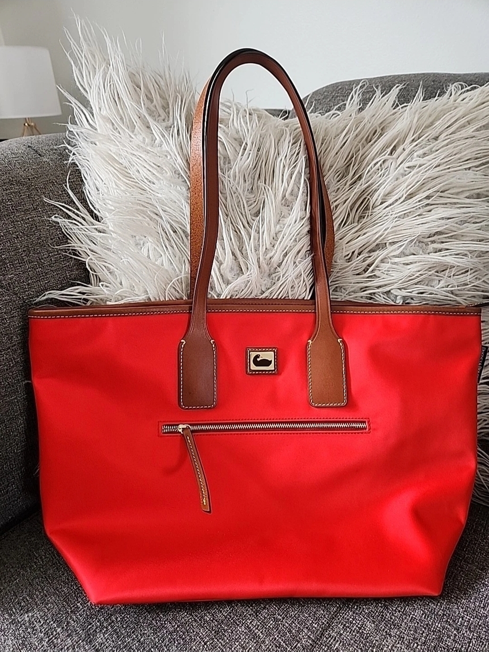Dooney & Bourke Wayfarer Red Tote with Brown Leather Trim